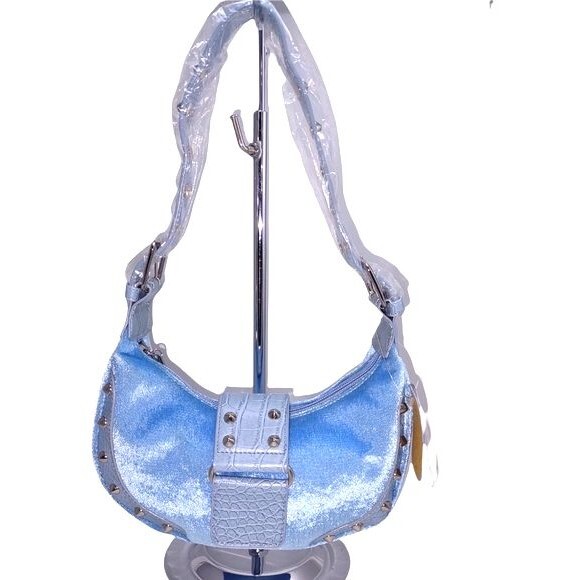 Gabaangs NWT Blue Velvet & Faux Croc Embossed Leather Shoulder Bag 10"X5"X3" - Picture 1 of 8